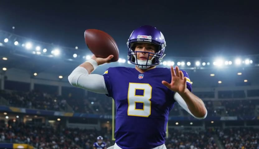 A quarterback winding up to throw under stadium lights (AI-generated)